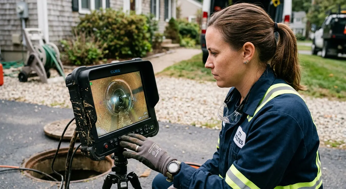 Technician reviewing sewer camera inspection footage in Cornelius
