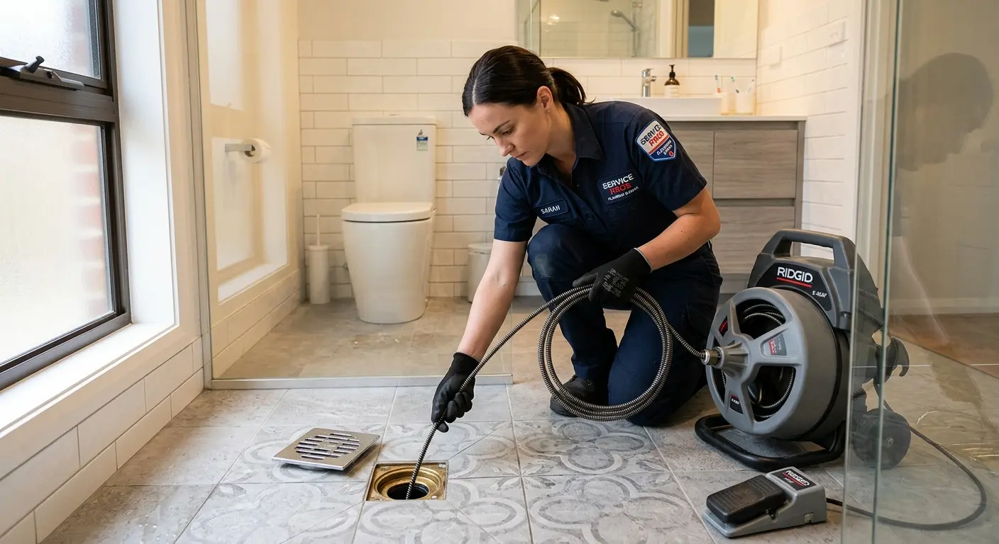 Technician clearing a bathroom floor drain for Drain Cleaning in Cornelius